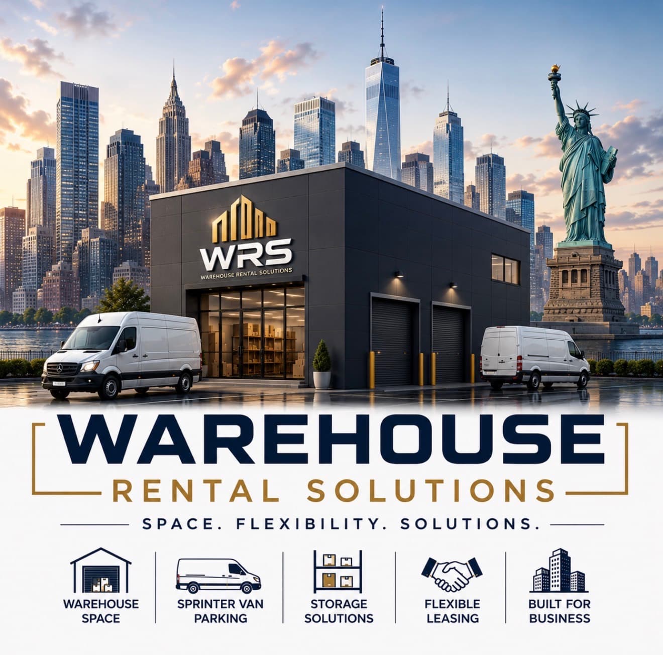Warehouse Rental Solutions facility with the New York City skyline